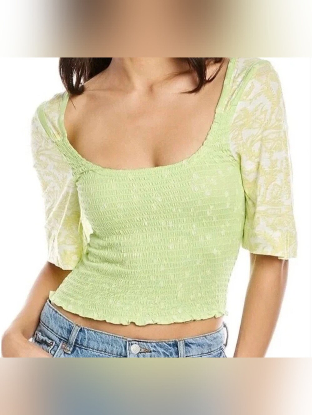 Free People MARIGOLD Smocked Tee Crop Top | Sz Small Key Lime Green NWOT
